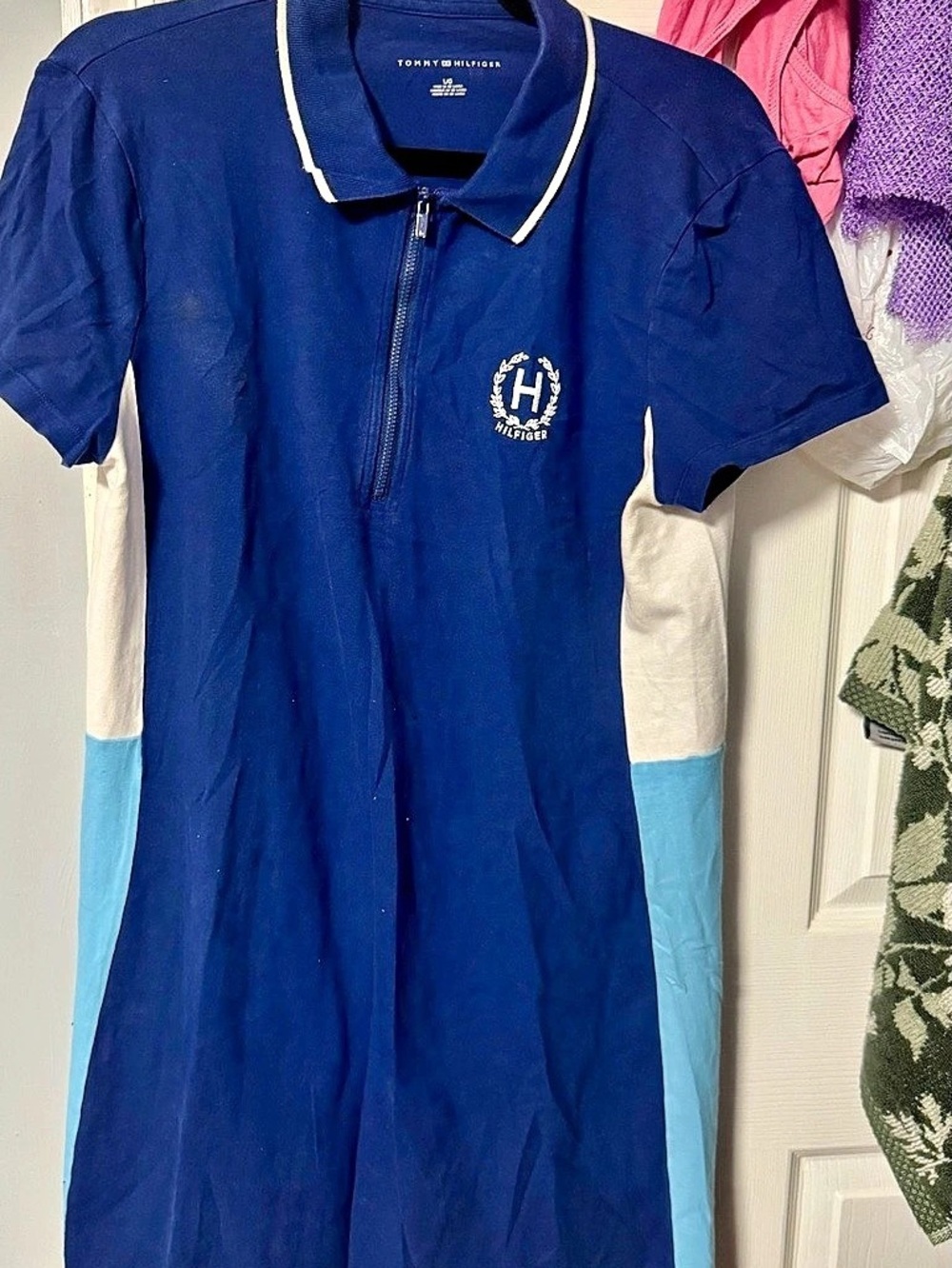 Tommy Hilfiger Flag Colorblock Stretch Polo Dress Blue & White Large